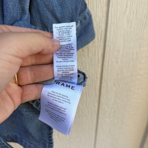 Frame Shirred Sleeve Button Up Shirt Women's Small Blue Denim Chambray Office - Picture 8 of 11